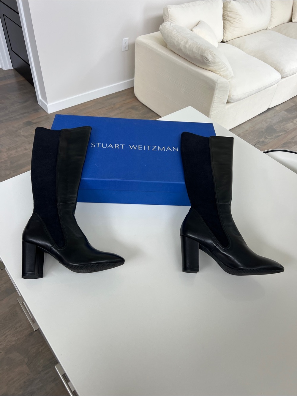 Stuart Weitzman livia 80 black leather and elastic heeled long knee boots size 9